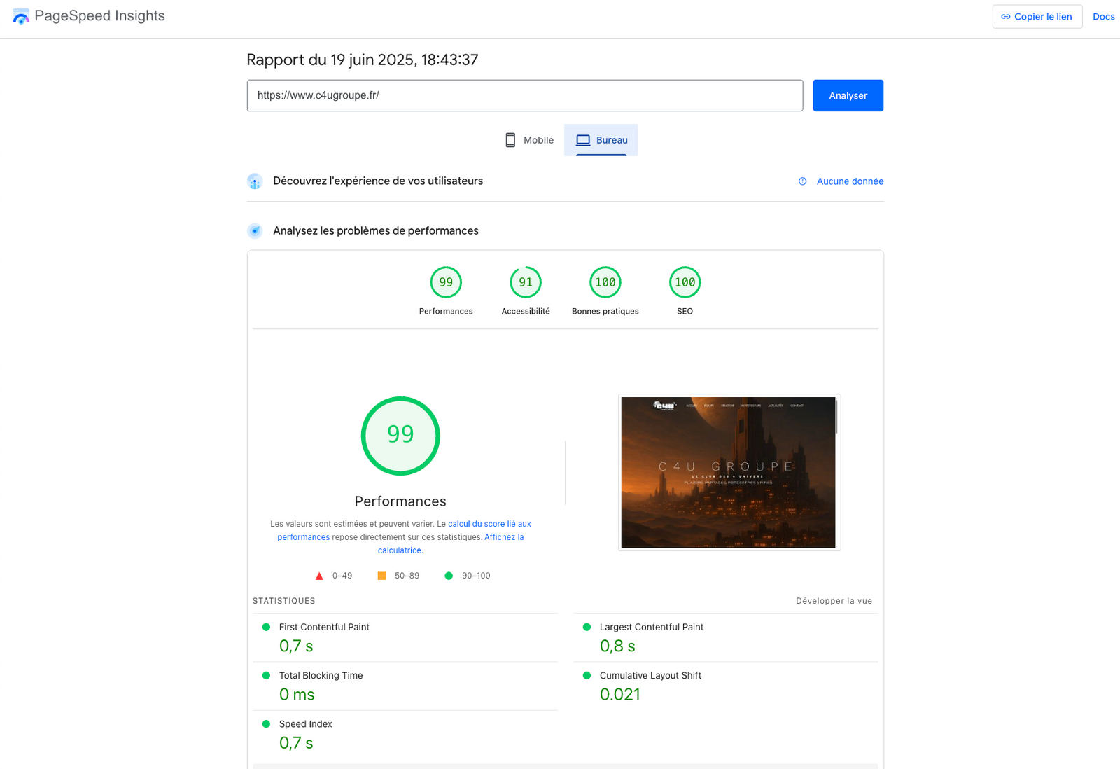 Résultats d'un site récent aux tests officiels de Google PageSpeed Insights : 99 en performance